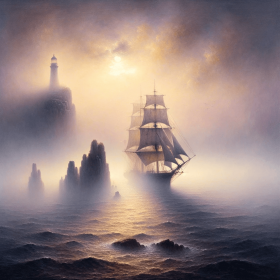 Altes Segelschiff eingehüllt in sanften Nebel vorbei an einem Leuchtturm