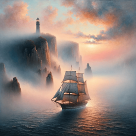 Segelschiff im Morgennebel vor der Steilküste am Leuchtturm