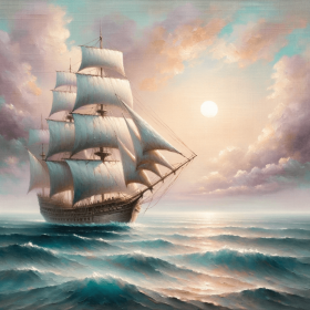 Altes Segelschiff im Morgennebel und leichter Seegang