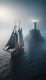 Segelboot in der Nacht bei einem Leuchtturm