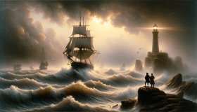 Segelschiff im Sturm und Nacht am Leuchtturm